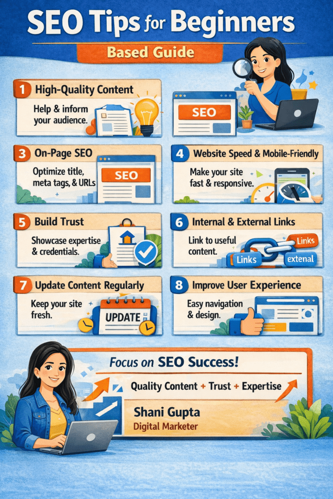 SEO tips for beginners infographic showing content, keywords, on-page SEO, website speed, links, and user experience strategies